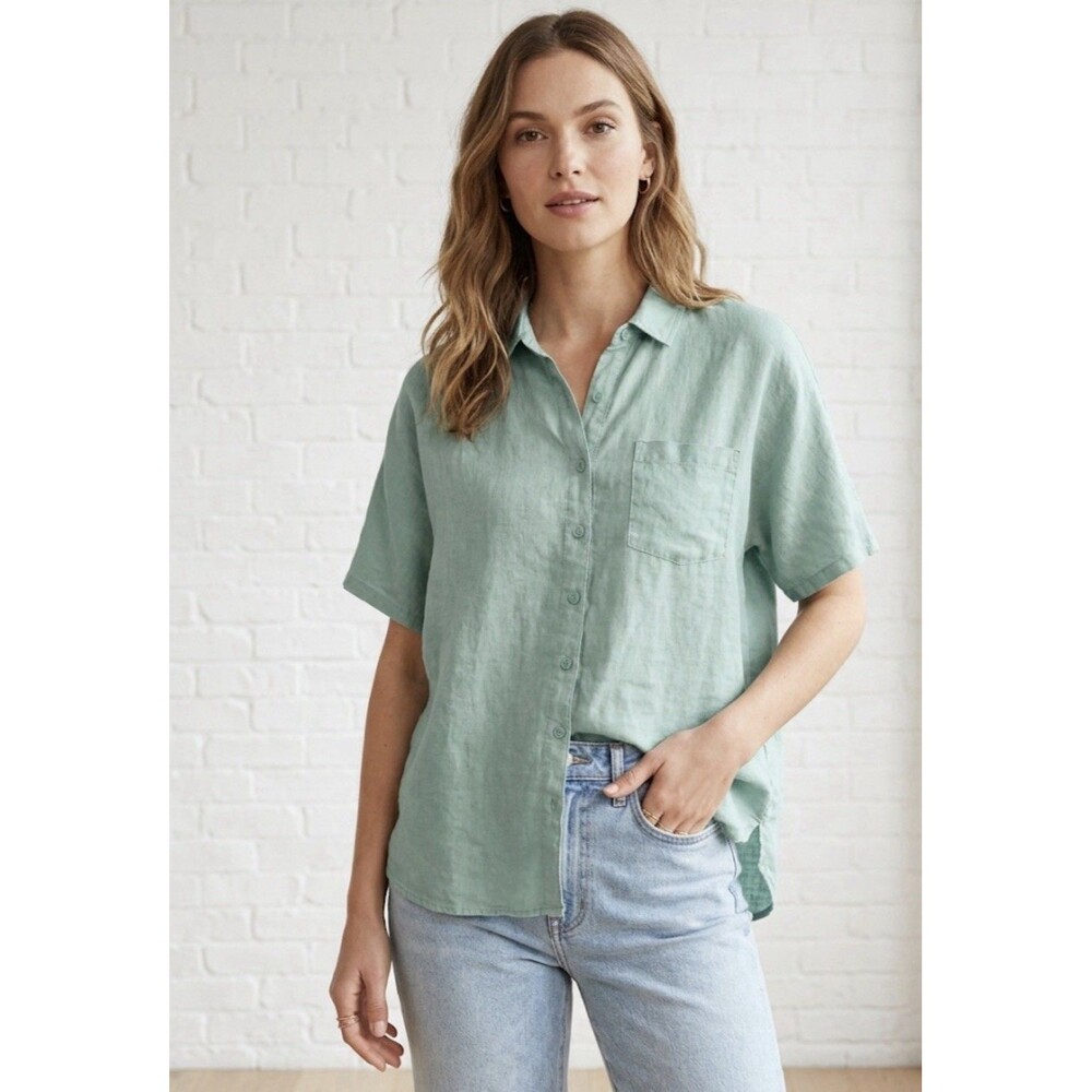 Garnet Hill Minimalist Linen Button Front Shirt Size 10 Blue Boxy Lagenlook New